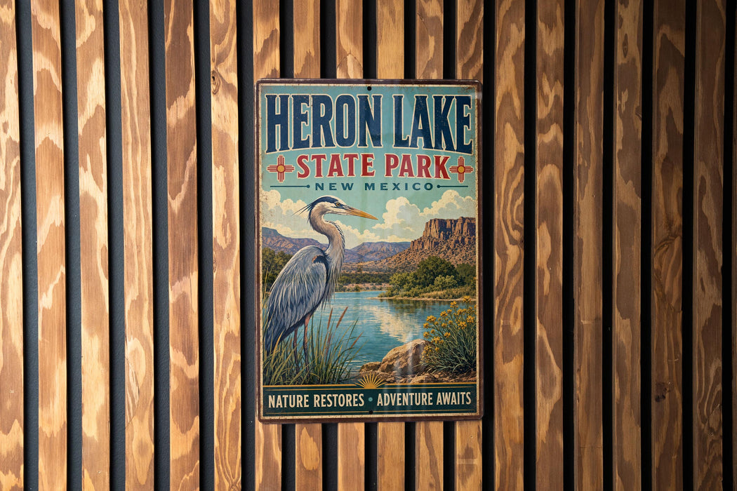 A vintage-style sign for Heron Lake State Park in New Mexico, featuring a heron in a grassy landscape with mountains in the background.