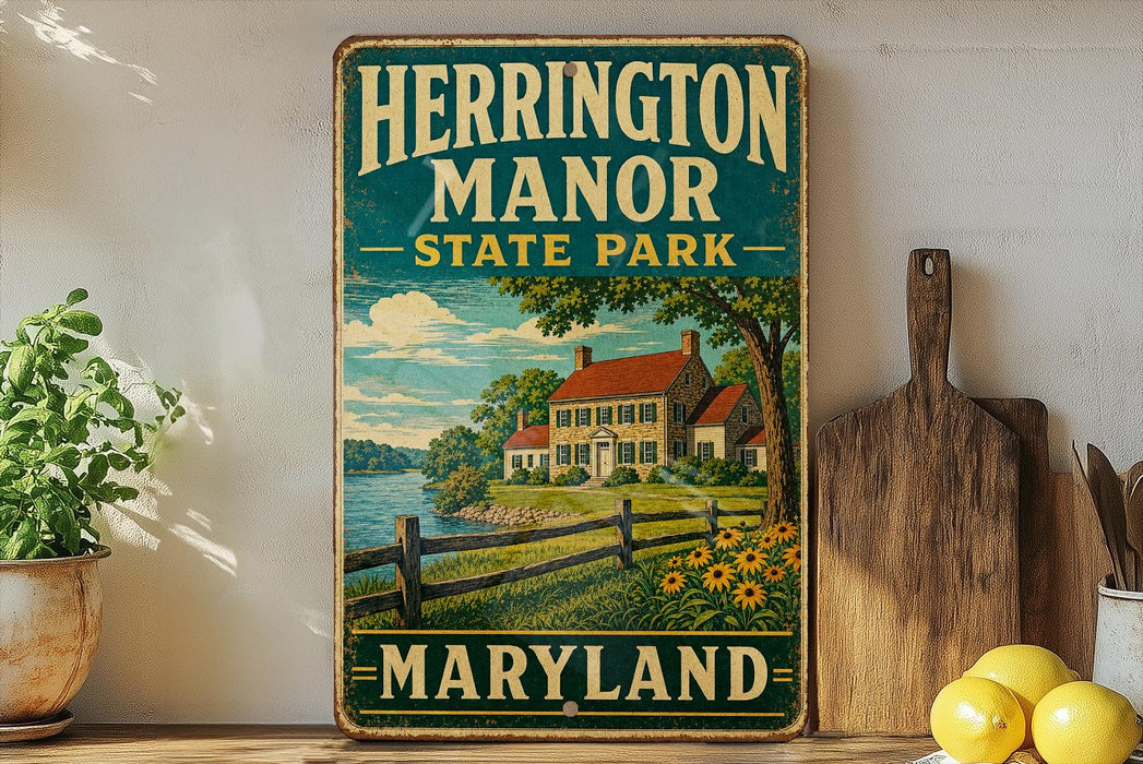 A vintage-style metal sign for Herrington Manor State Park in Maryland, featuring a house and a river in the background.