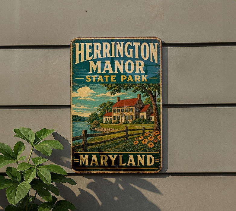 A vintage-style metal sign for Herrington Manor State Park in Maryland, featuring a house and a lake in the background.