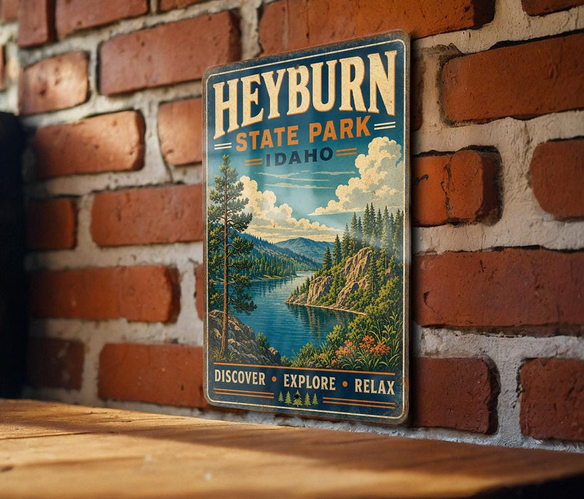 A vintage-style metal sign for Heyburn State Park in Idaho, featuring a scenic landscape with a lake and mountains.