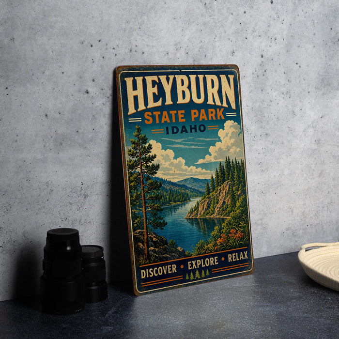 A vintage-style sign for Heyburn State Park, Idaho, featuring a scenic landscape with a lake, mountains, and pine trees.