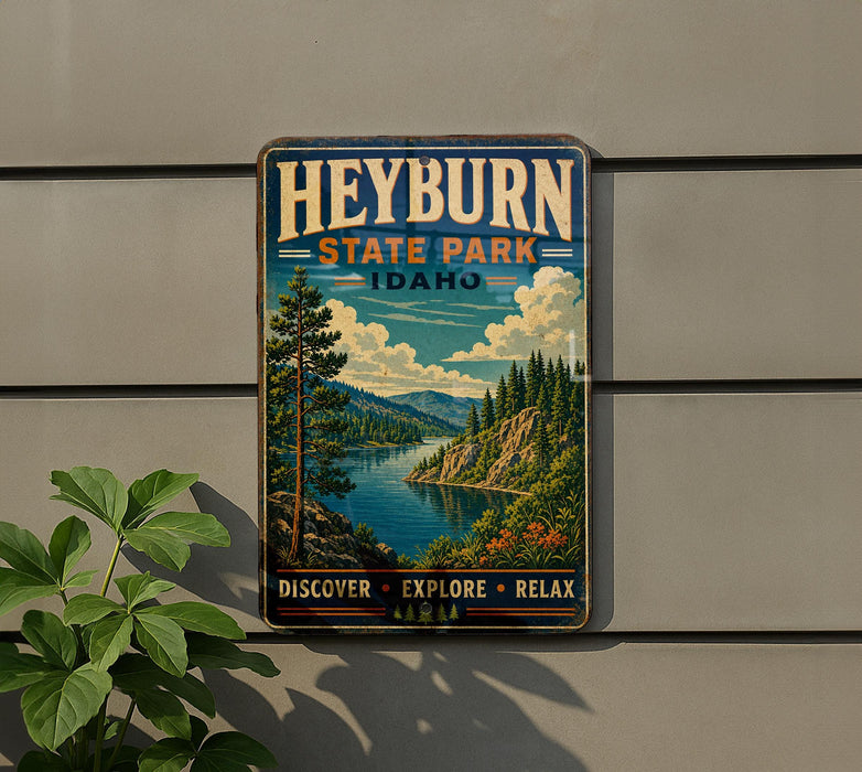 A vintage-style metal sign for Heyburn State Park, Idaho, featuring a scenic landscape with a lake, mountains, and pine trees.