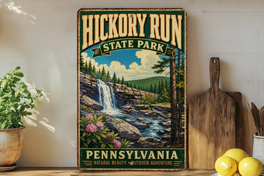 A vintage-style sign for Hickory Run State Park in Pennsylvania, featuring a scenic landscape with a waterfall and pine trees.