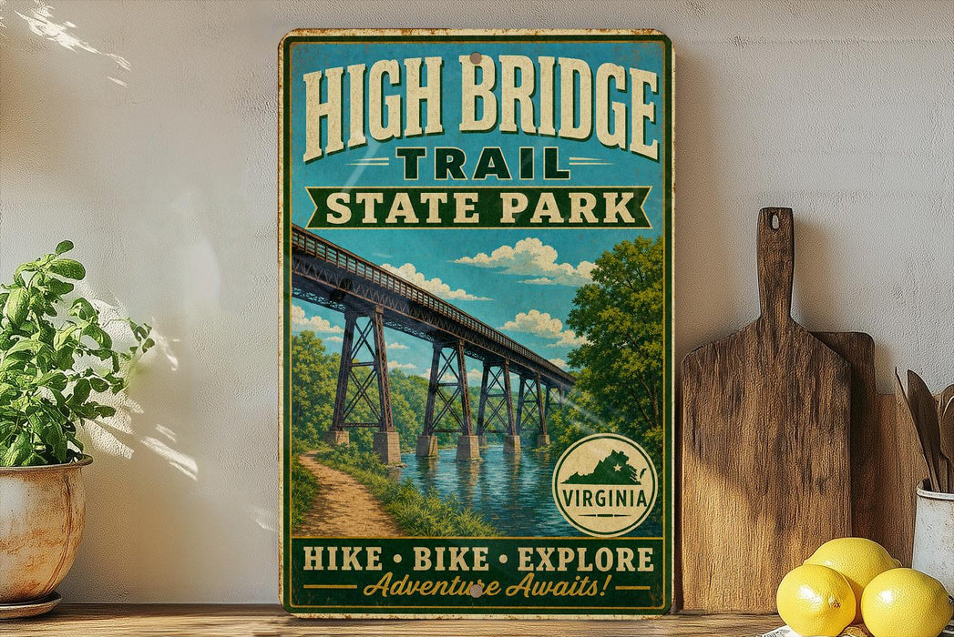 a vintage-style sign for High Bridge Trail State Park, with a scenic illustration of a bridge over a river. The sign also includes the words "Hike, Bike, Explore, Adventure Awaits!" and the state of Virginia.