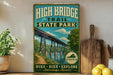 a vintage-style sign for High Bridge Trail State Park, with a scenic illustration of a bridge over a river. The sign also includes the words "Hike, Bike, Explore, Adventure Awaits!" and the state of Virginia.