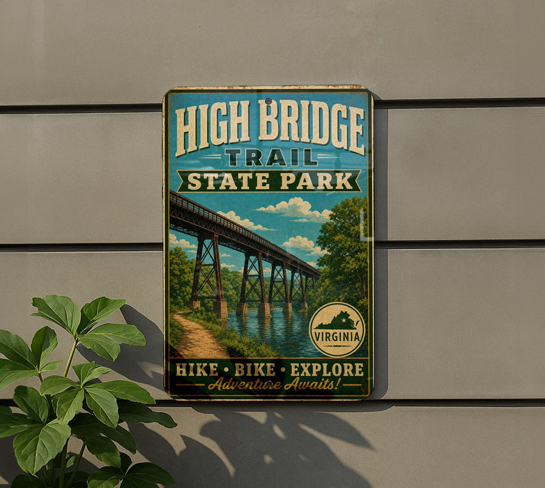a vintage-style sign for High Bridge Trail State Park, with a bridge and trees in the background.