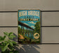 a vintage-style sign for High Bridge Trail State Park, with a bridge and trees in the background.