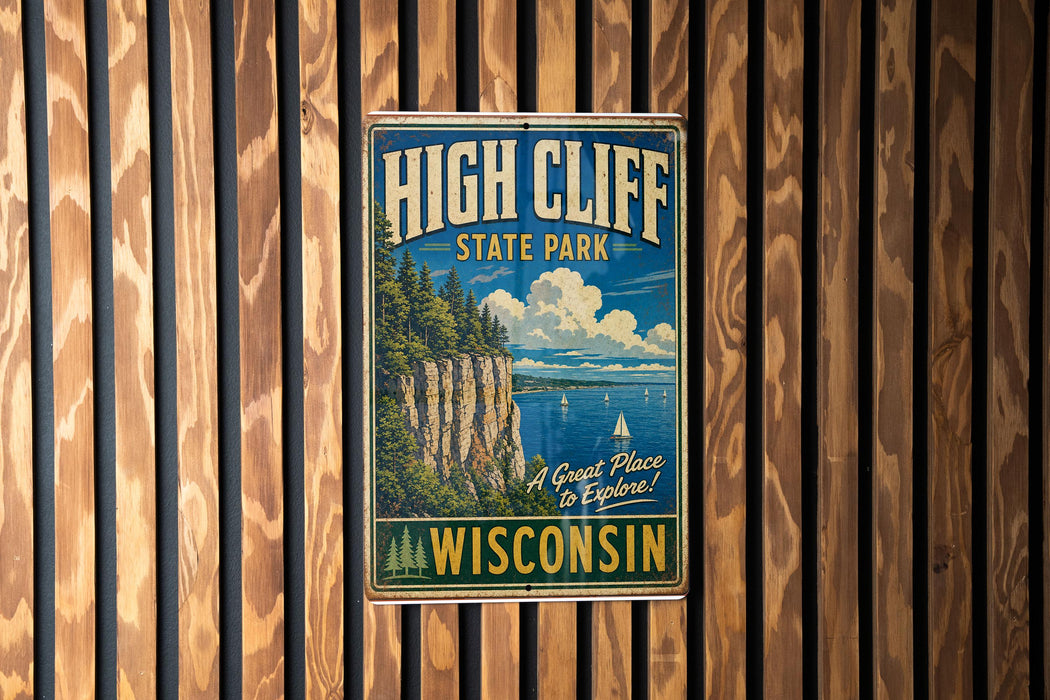 A vintage-style metal sign for High Cliff State Park in Wisconsin, featuring a scenic illustration of the park's cliffs and water.