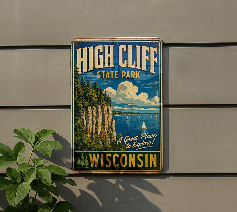 A vintage-style metal sign for High Cliff State Park in Wisconsin, featuring a scenic cliffside landscape with a lake and sailboats.