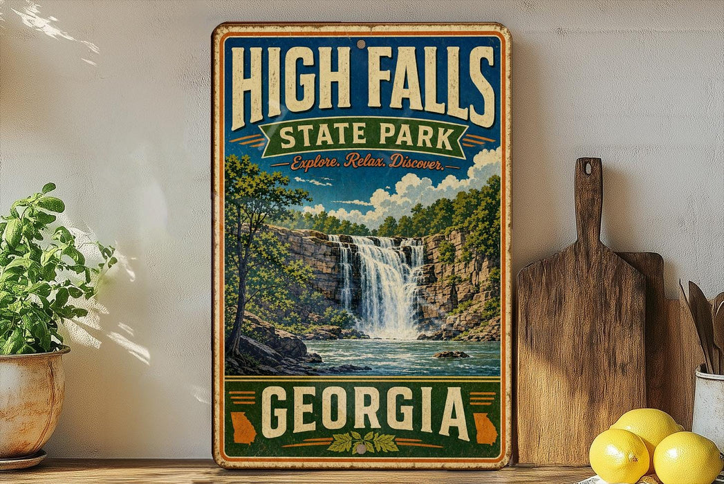 A vintage-style sign for High Falls State Park in Georgia, featuring a waterfall and lush greenery, is displayed on a shelf next to a wooden cutting board and some lemons.
