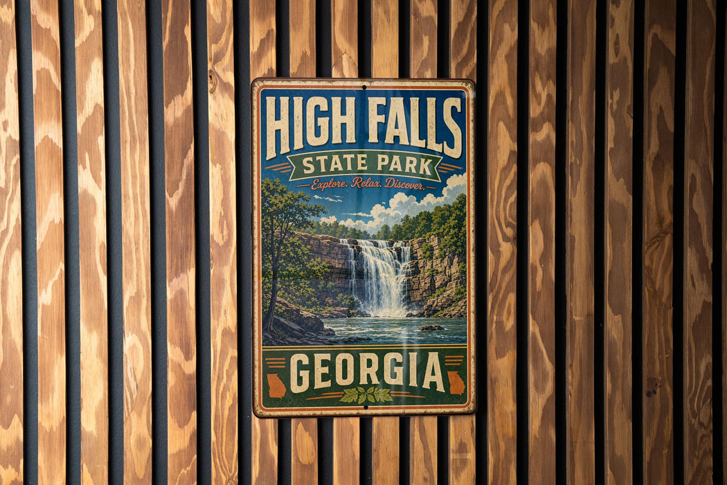 A vintage metal sign for High Falls State Park in Georgia, featuring a waterfall and the text "High Falls State Park, Explore More Discoveries, Georgia".