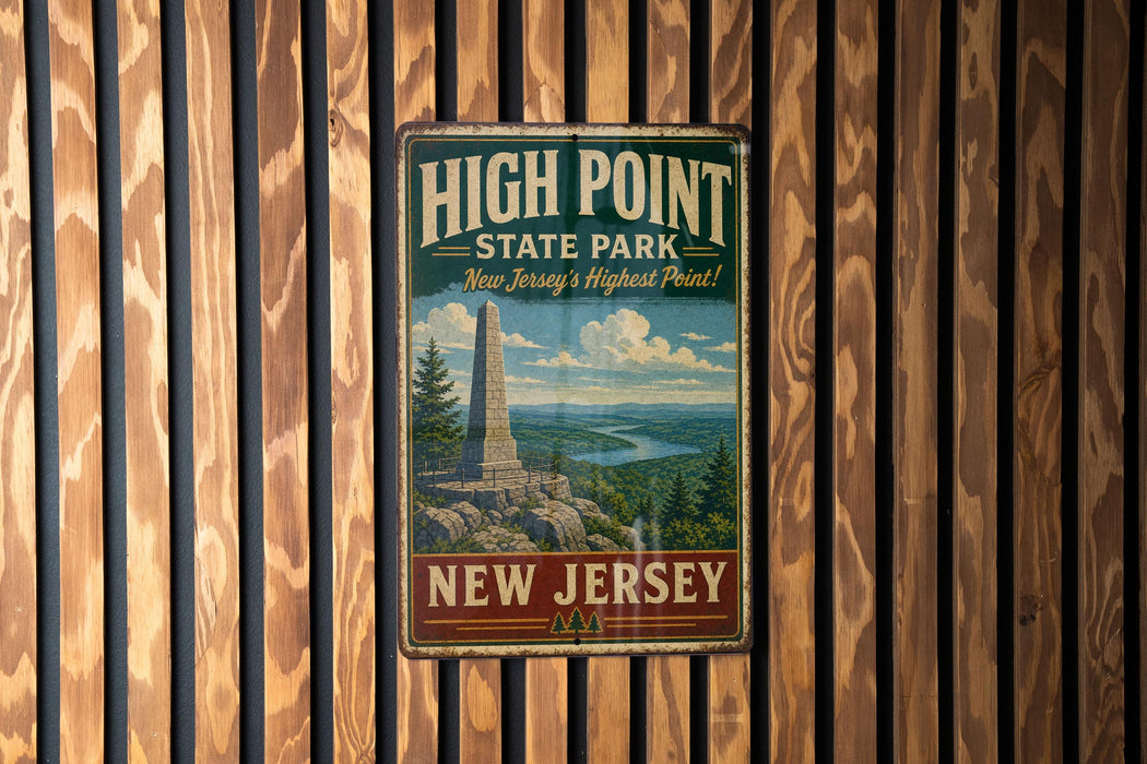 A vintage metal sign for High Point State Park in New Jersey, featuring a scenic image of the park and its landmarks.