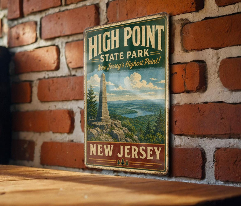 A vintage-style metal sign for High Point State Park in New Jersey, featuring a scenic landscape with a monument and a river.