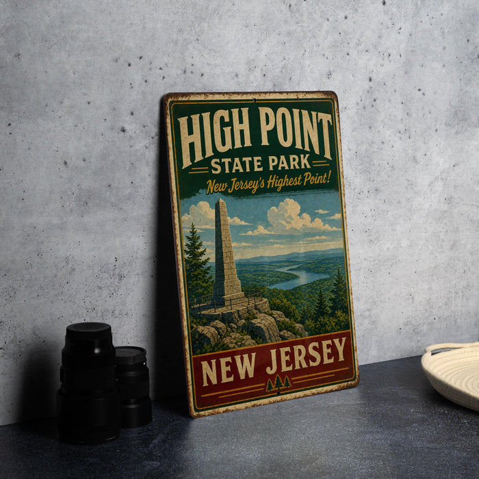A vintage-style metal sign for High Point State Park, New Jersey, featuring a scenic landscape with a mountain and a river.