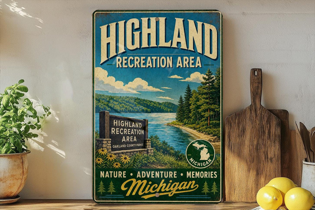 A vintage-style metal sign for the Highland Recreation Area in Michigan, featuring a scenic landscape with a lake, mountains, and pine trees.
