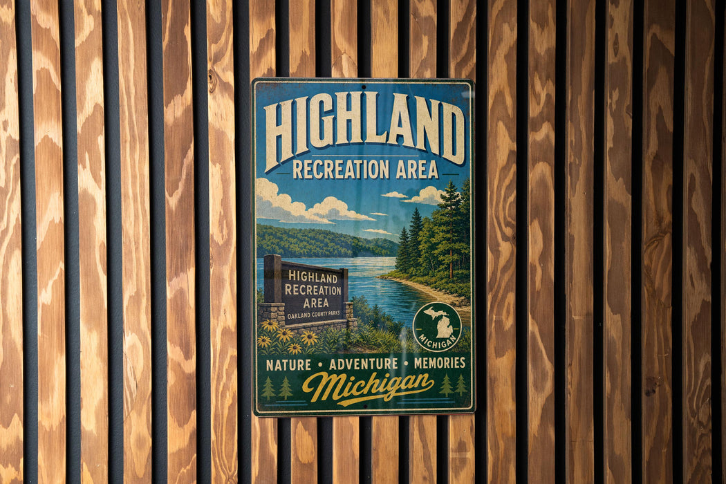 A vintage metal sign for the Highland Recreation Area in Michigan, featuring a scenic landscape with a river, mountains, and pine trees.