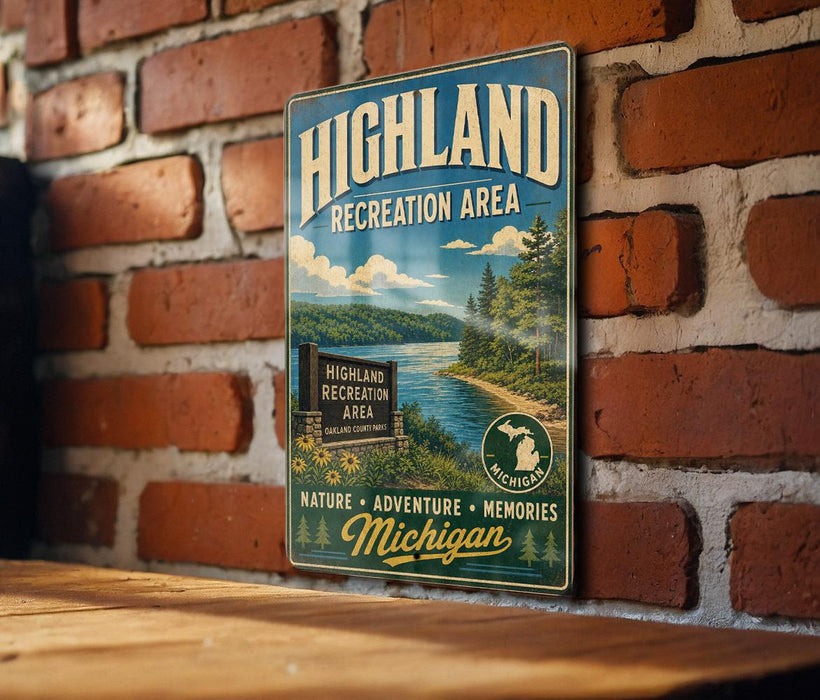 A vintage metal sign for the Highland Recreation Area in Michigan, featuring a scenic landscape with a lake and mountains.
