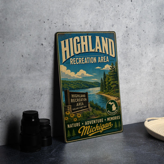 A vintage metal sign for the Highland Recreation Area in Michigan, featuring a scenic landscape with a lake, mountains, and pine trees.