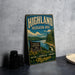 A vintage metal sign for the Highland Recreation Area in Michigan, featuring a scenic landscape with a lake, mountains, and pine trees.