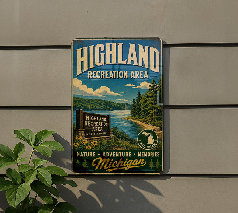 A vintage metal sign for the Highland Recreation Area in Michigan, featuring a scenic landscape with a lake, mountains, and pine trees.