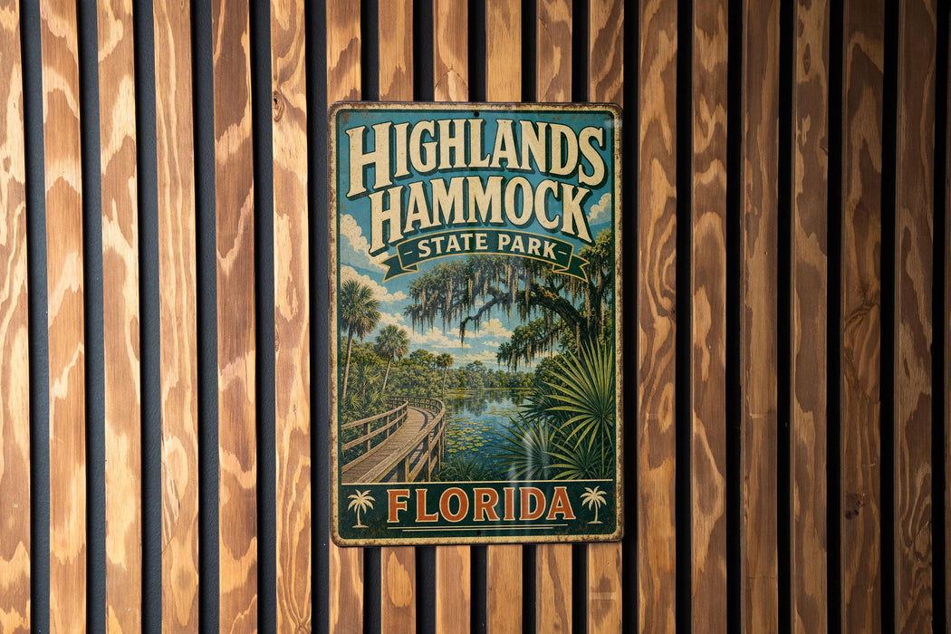 A vintage-style metal sign for Highlands Hammock State Park in Florida, featuring a scenic illustration of a wooden bridge and palm trees.