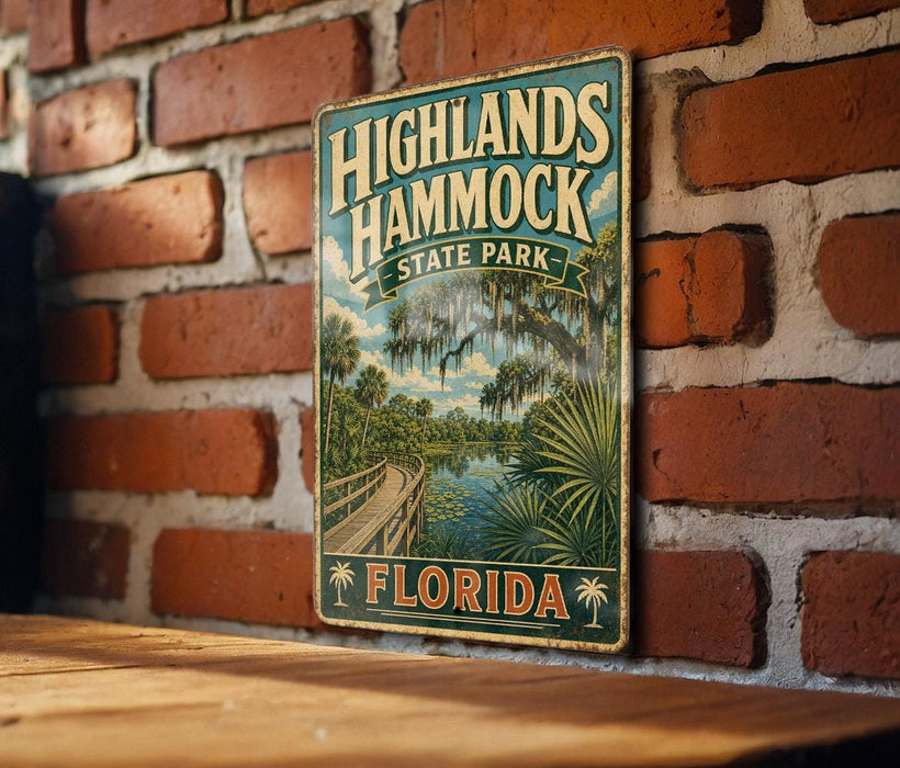 A vintage-style metal sign for Highlands Hammock State Park in Florida, featuring a scenic illustration of a wooden bridge, palm trees, and a body of water.