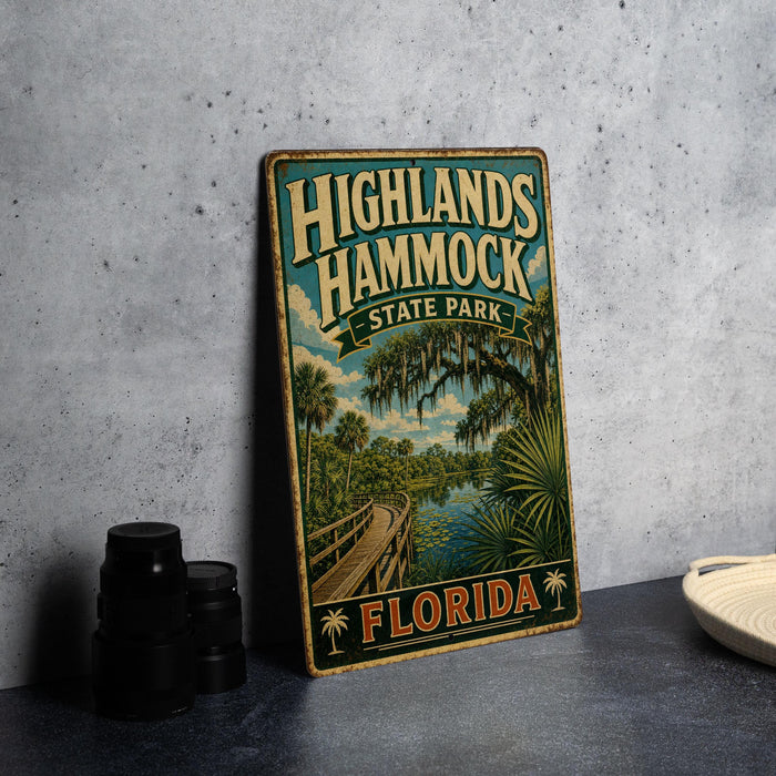 A vintage-style metal sign for Highlands Hammock State Park in Florida, featuring a scenic illustration of a boardwalk and palm trees.
