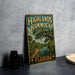 A vintage-style metal sign for Highlands Hammock State Park in Florida, featuring a scenic illustration of a boardwalk and palm trees.
