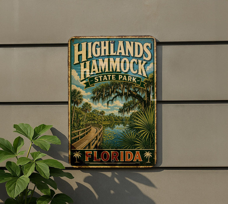 A vintage-style sign for Highlands Hammock State Park in Florida, featuring a scenic illustration of a wooden bridge, palm trees, and a body of water.