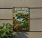A vintage-style sign for Highlands Hammock State Park in Florida, featuring a scenic illustration of a wooden bridge, palm trees, and a body of water.