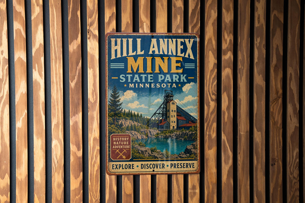 A vintage-style metal sign for Hill Annnex Mine in Minnesota, featuring a scenic illustration of the mine and surrounding landscape.
