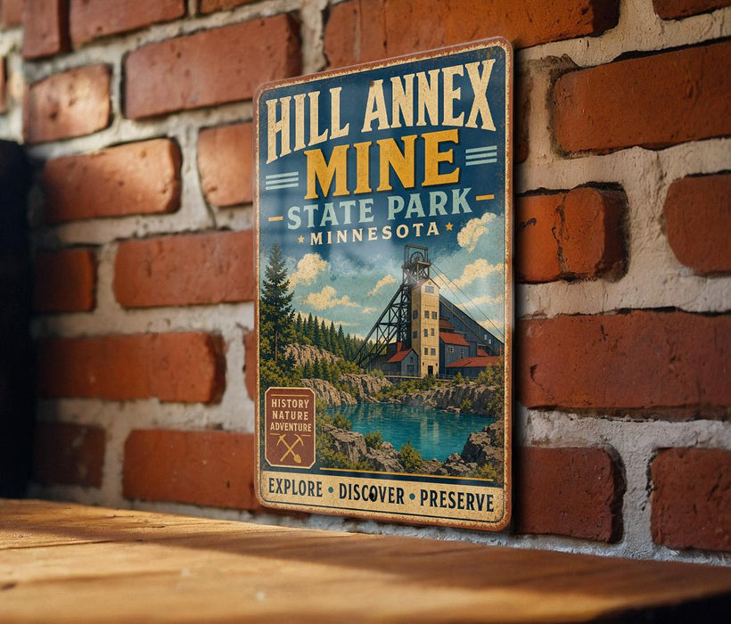 A vintage-style metal sign for Hill Annex Mine in Minnesota, featuring a scenic image of the mine and surrounding landscape.
