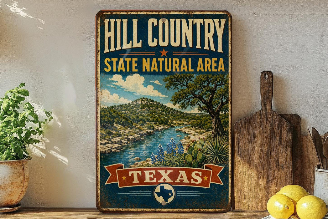 A vintage-style sign for the Hill Country State Natural Area in Texas, featuring a scenic landscape with a river, mountains, and various flora.