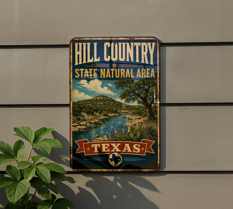 A vintage-style metal sign that reads "Hill Country State Natural Area" and "Texas" is displayed on a wall, with a plant to the left of the sign.