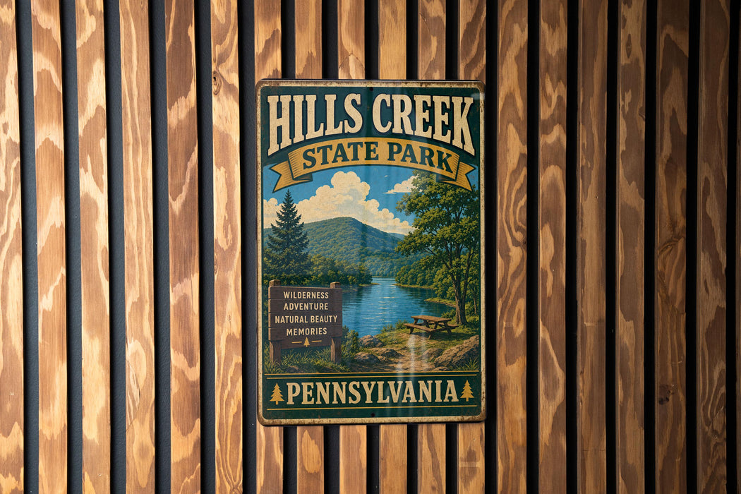 A vintage metal sign for Hills Creek State Park in Pennsylvania, featuring a scenic landscape with a lake, mountains, and a picnic area.