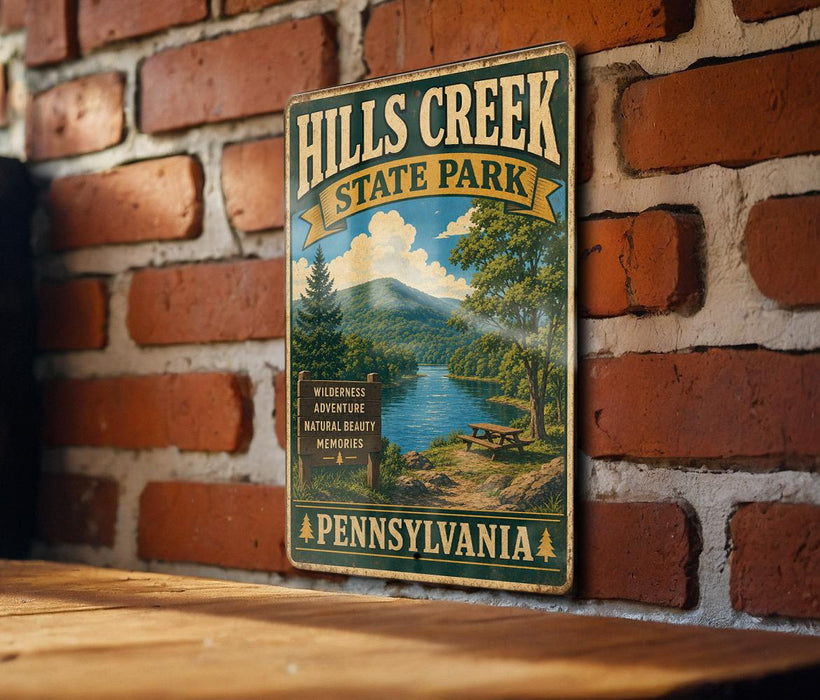A vintage-style metal sign for Hills Creek State Park in Pennsylvania, featuring a scenic landscape with a river, mountains, and a picnic area.