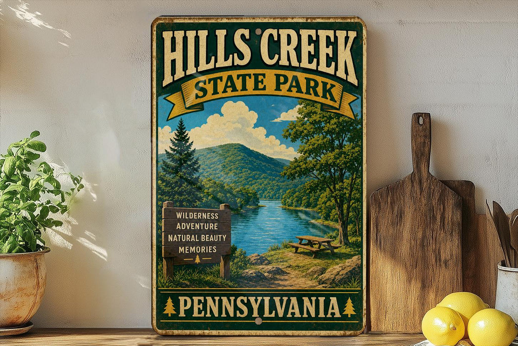 A vintage-style sign for Hills Creek State Park in Pennsylvania, featuring a scenic landscape with a river, mountains, and a picnic area.