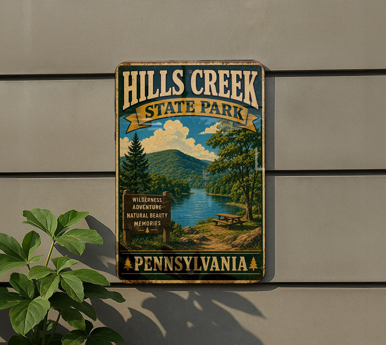 A vintage-style metal sign for Hills Creek State Park in Pennsylvania, featuring a scenic landscape with a river, mountains, and a picnic area.