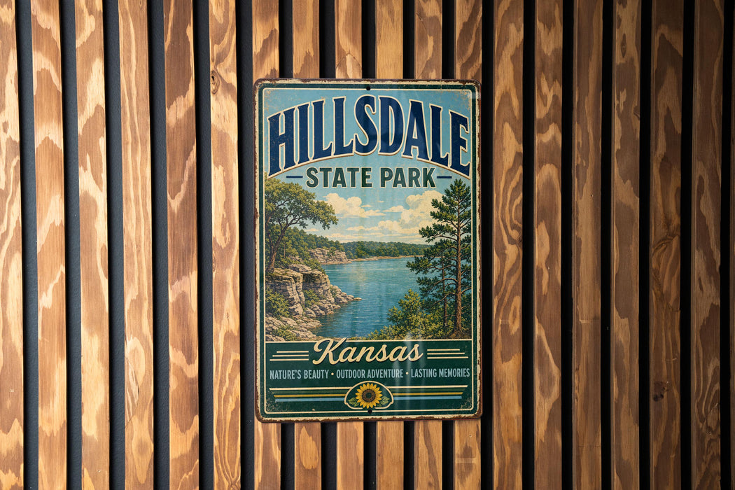 A vintage metal sign for Hillsdale State Park in Kansas, featuring a scenic landscape with a lake and mountains.