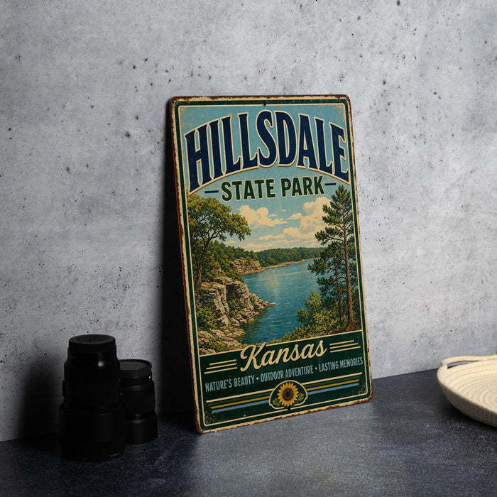 A vintage-style sign for Hilldale State Park in Kansas, featuring a scenic landscape with a lake and mountains.