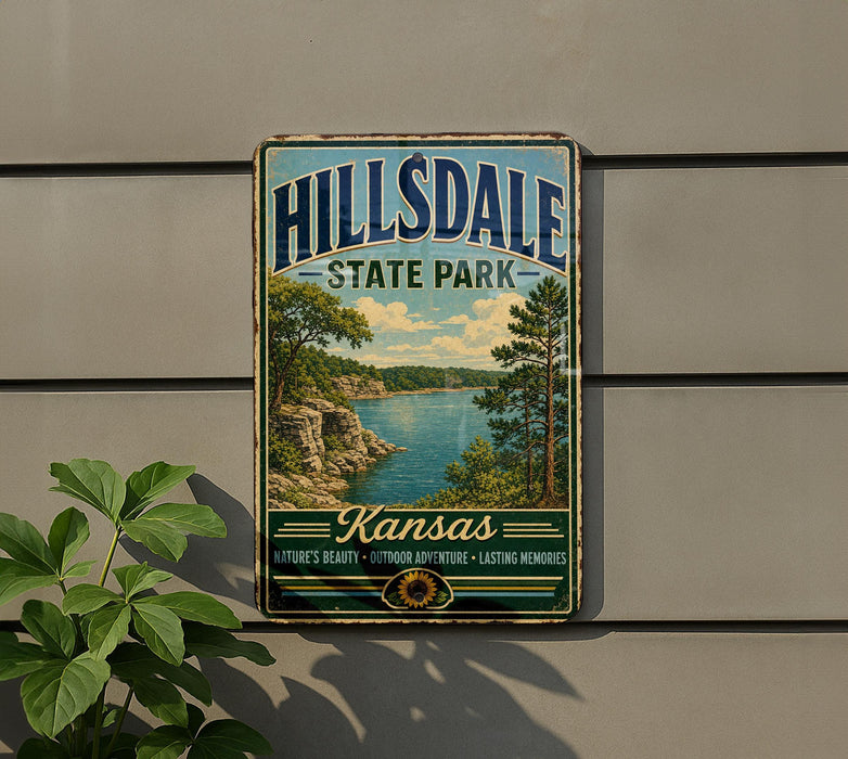 A vintage-style metal sign for Hillsdale State Park in Kansas, featuring a scenic landscape with a lake and mountains.