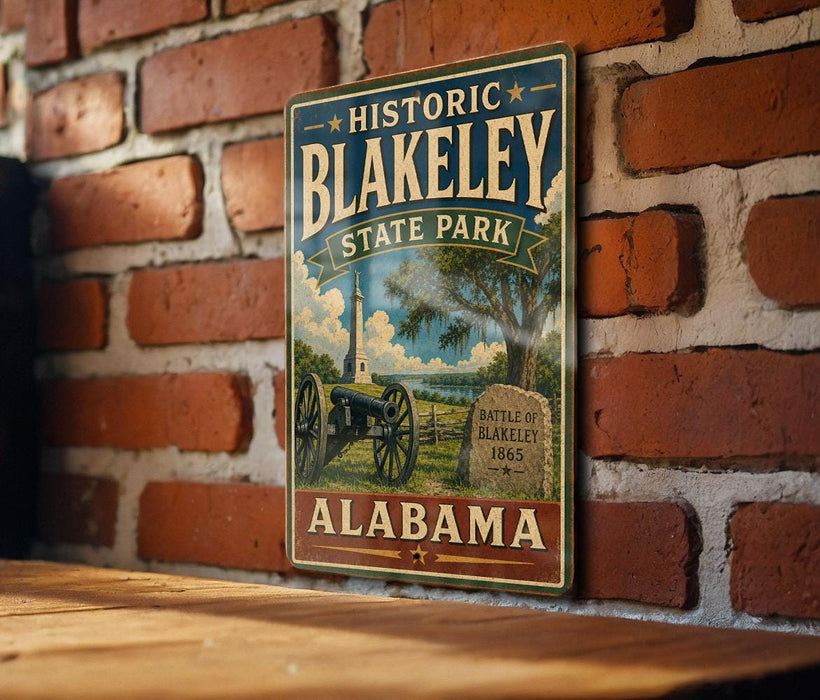 A vintage-style metal sign for Historic Blakeley State Park in Alabama, featuring a cannon and a battle monument, is displayed on a brick wall.