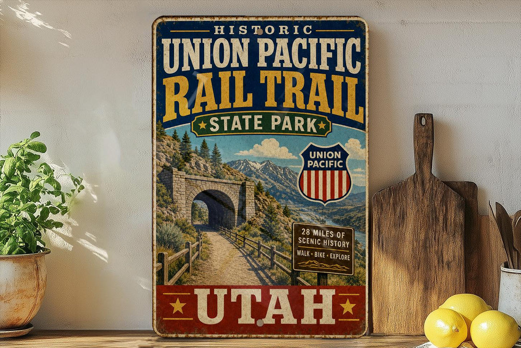 A vintage-style metal sign for the Union Pacific Rail Trail in Utah, featuring a scenic image of a bridge and mountains.