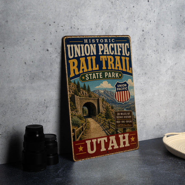 A vintage-style metal sign for the historic Union Pacific Rail Trail in Utah, featuring a scenic image of a tunnel and mountains.