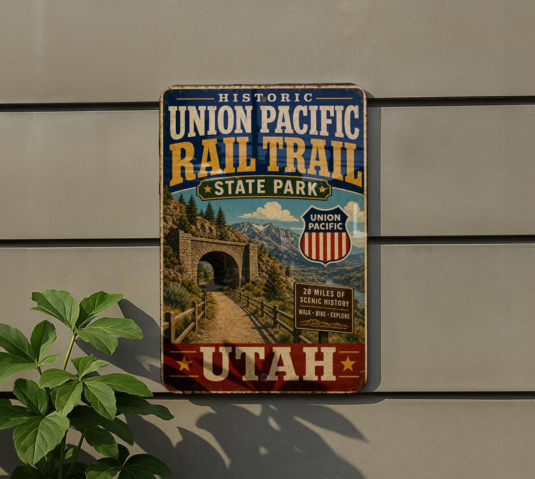 A vintage-style metal sign for the Union Pacific Rail Trail in Utah, featuring a scenic image of a bridge and mountains.