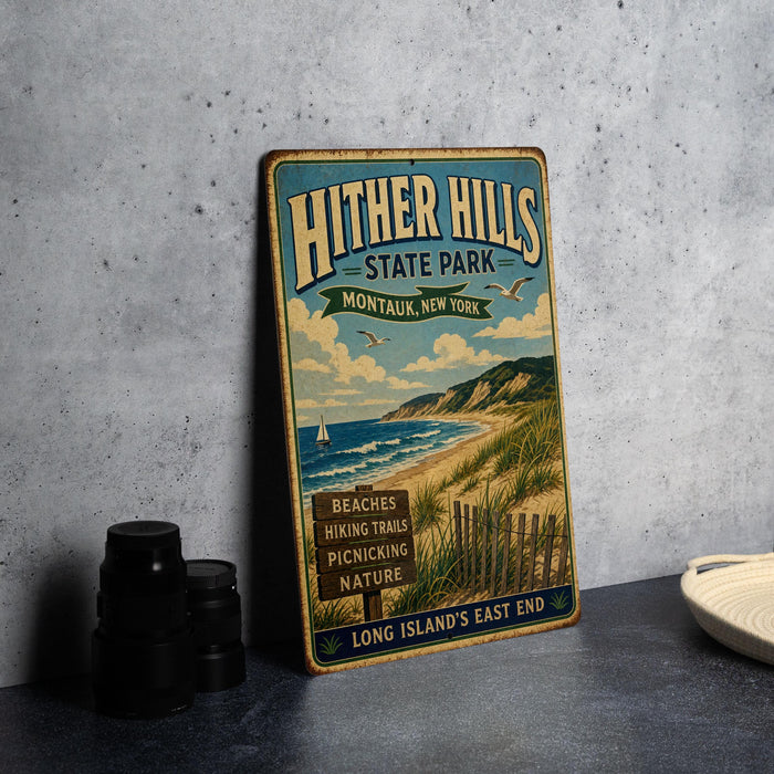 A vintage-style metal sign for Hither Hills State Park, featuring a beach scene and a lighthouse, is displayed on a gray concrete surface.
