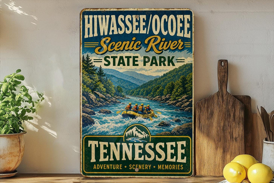 A vintage-style sign for Hiwassee Oochee Scenic River State Park, featuring a river scene with people rafting, surrounded by mountains and lush greenery.