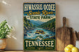 A vintage-style sign for Hiwassee Oochee Scenic River State Park, featuring a river scene with people rafting, surrounded by mountains and lush greenery.