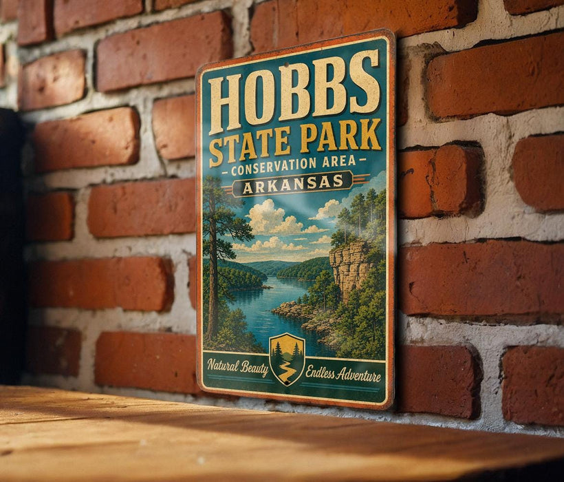 A vintage-style metal sign for Hobbs State Park, featuring a scenic landscape with a river and mountains, mounted on a brick wall.