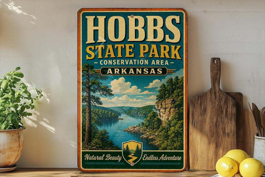 A vintage-style sign for Hobbs State Park in Arkansas, featuring a scenic landscape with a river, mountains, and pine trees.